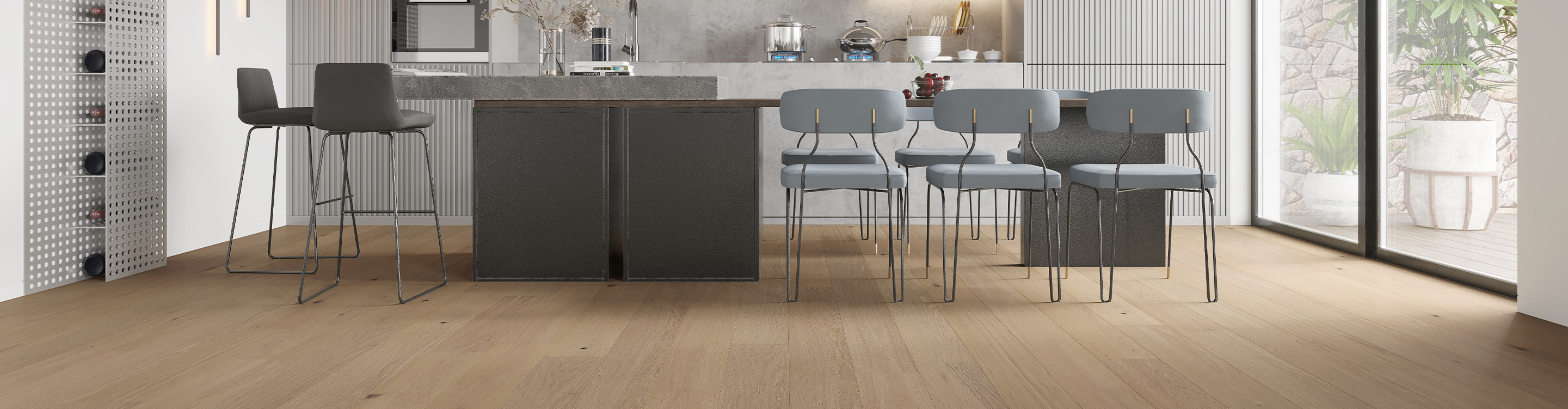 kitchen luxury vinyl light flooring with table and island